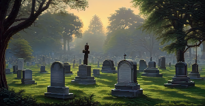 A peaceful cemetery scene at dusk with detailed gravestones and greenery, illuminated by soft golden light.