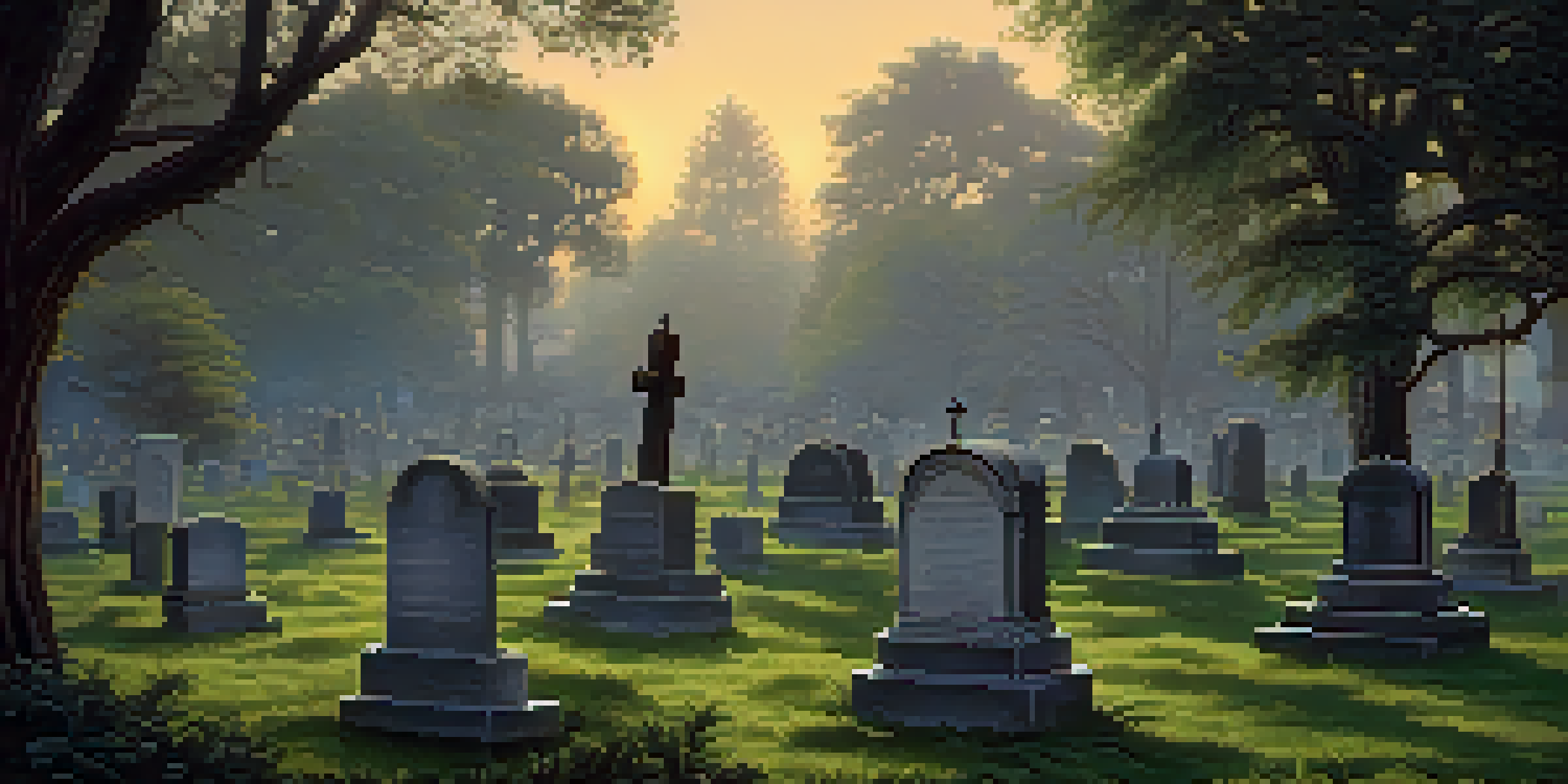 A peaceful cemetery scene at dusk with detailed gravestones and greenery, illuminated by soft golden light.