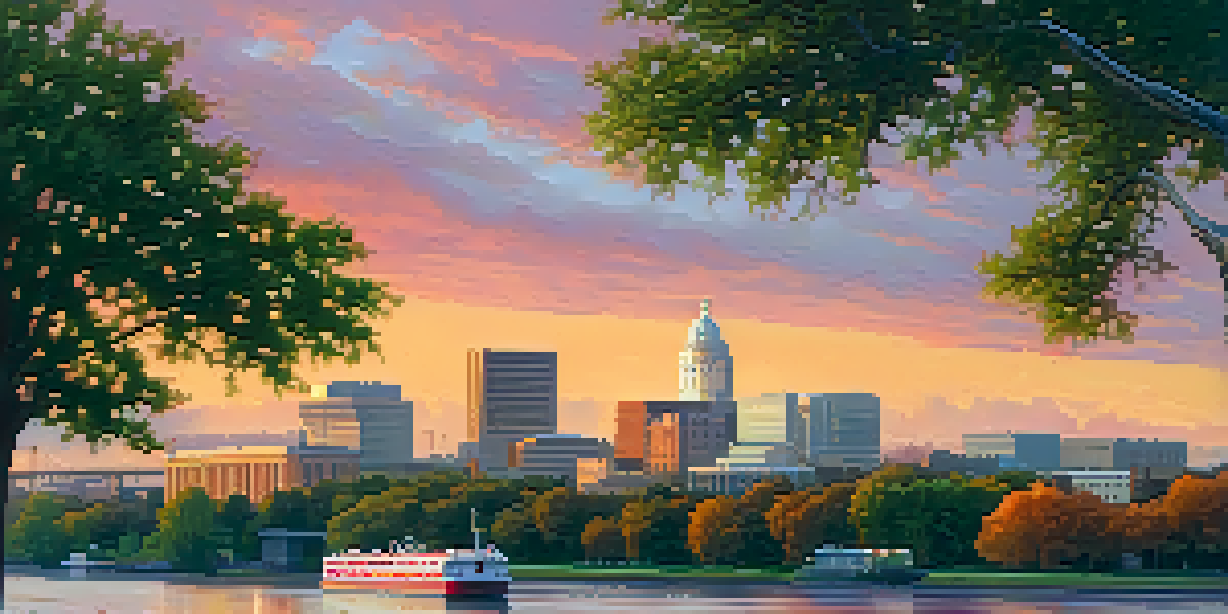 A beautiful sunset over Sacramento's skyline, with orange and pink colors in the sky, green trees in the foreground, and emergency response vehicles near the river.