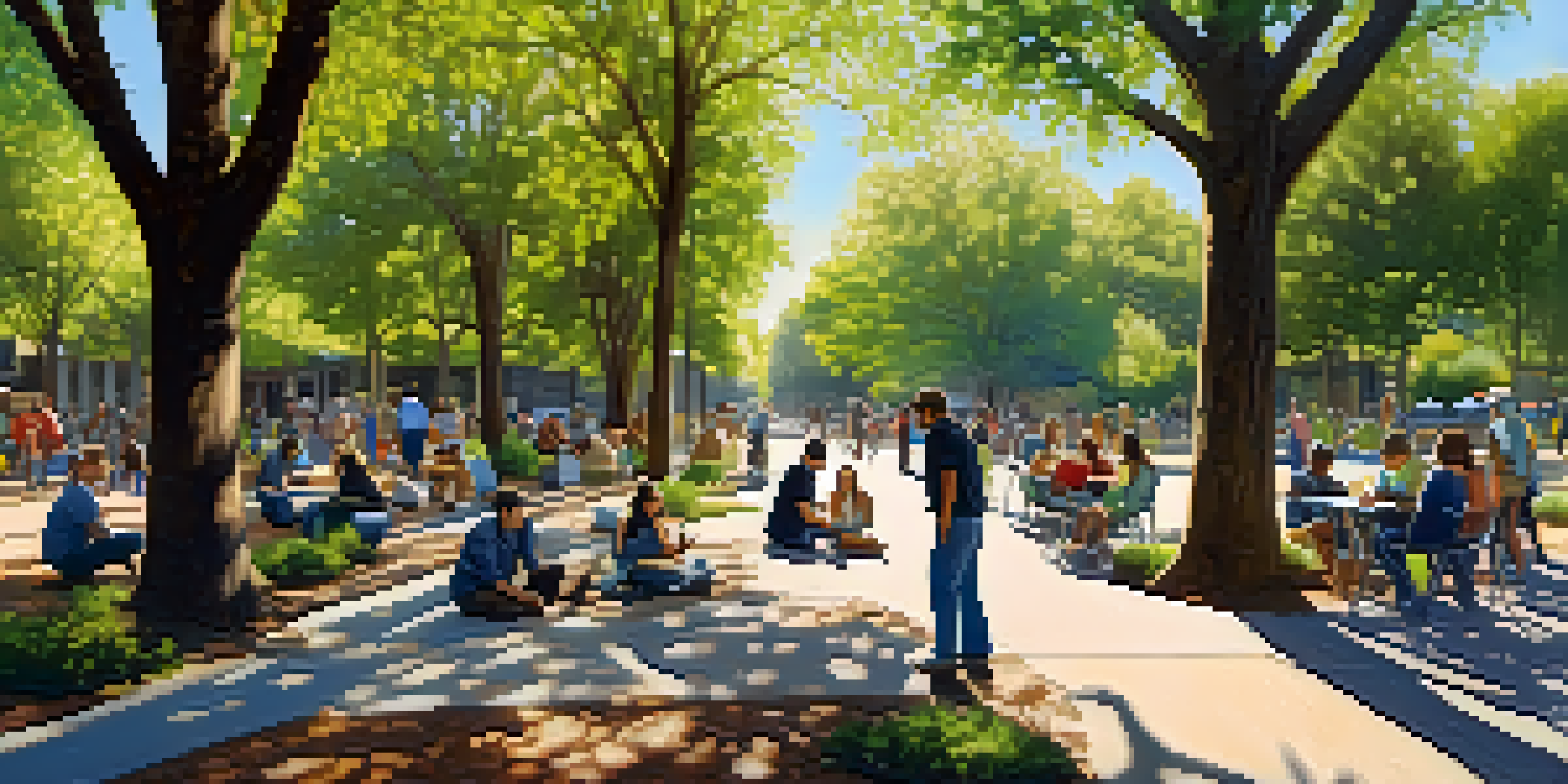 A lively urban park in Sacramento with people planting trees and enjoying a sunny day, surrounded by diverse greenery.