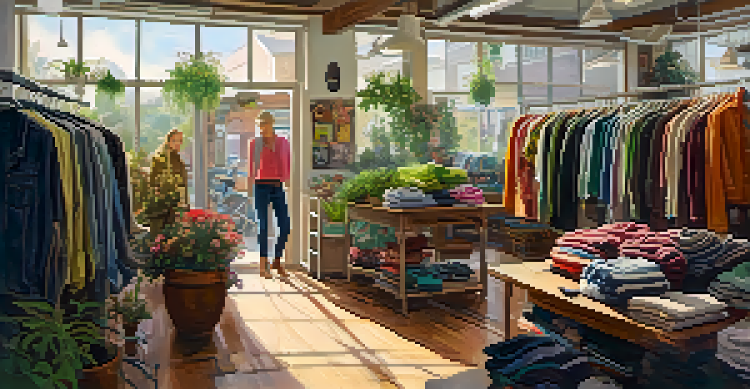 A thrift store filled with colorful second-hand clothing and natural light, showcasing an inviting atmosphere.