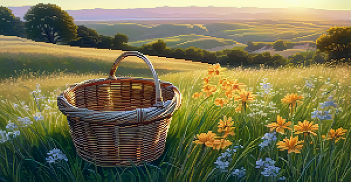 A peaceful Sacramento Valley landscape at sunrise with a traditional Nisenan basket on the grass and wildflowers around it.