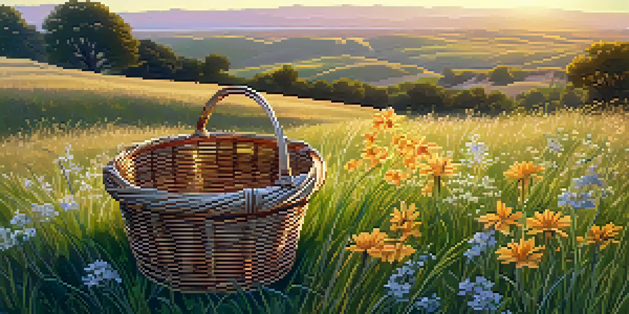 A peaceful Sacramento Valley landscape at sunrise with a traditional Nisenan basket on the grass and wildflowers around it.