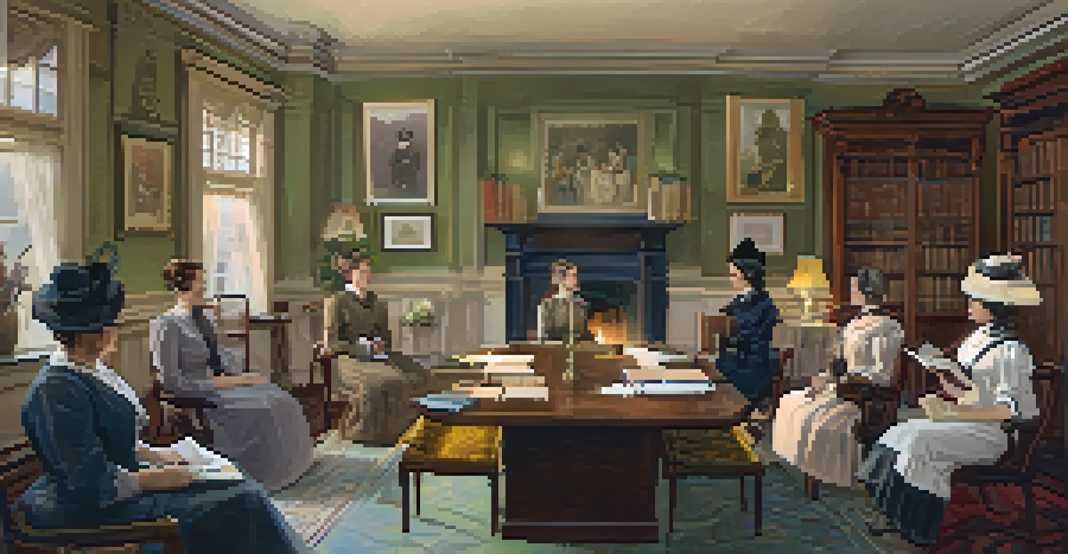 Women meeting in the Sacramento Women's Club discussing suffrage in a cozy, book-filled room.
