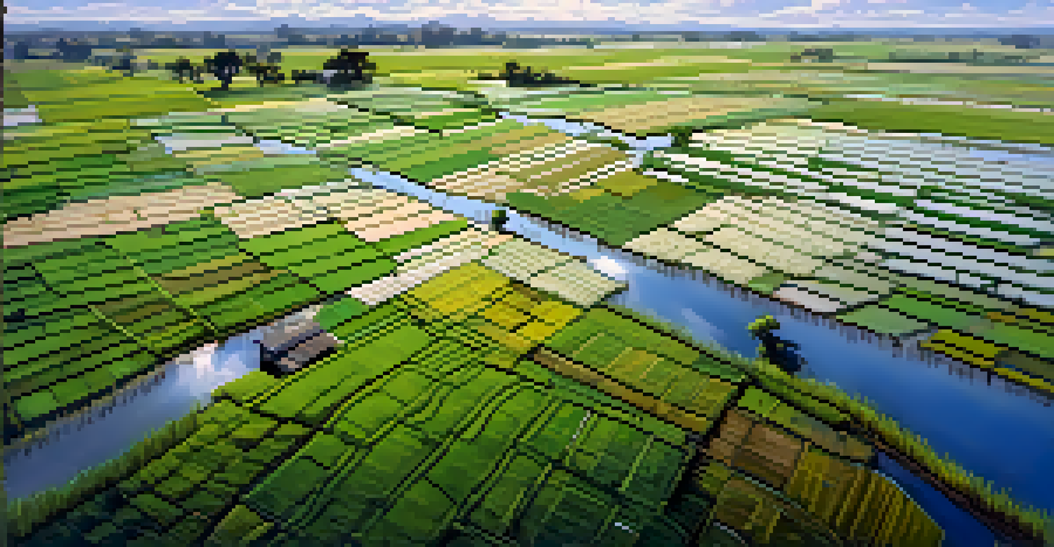 An aerial view of reflective rice paddies with farmers working in the fields, surrounded by greenery.