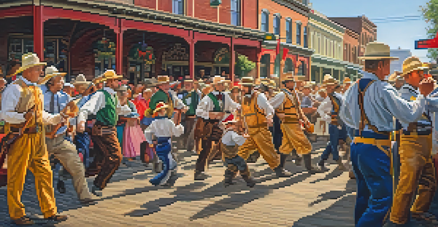 A lively scene from Gold Rush Days in Old Sacramento, with participants in colorful costumes and historic buildings in the background.
