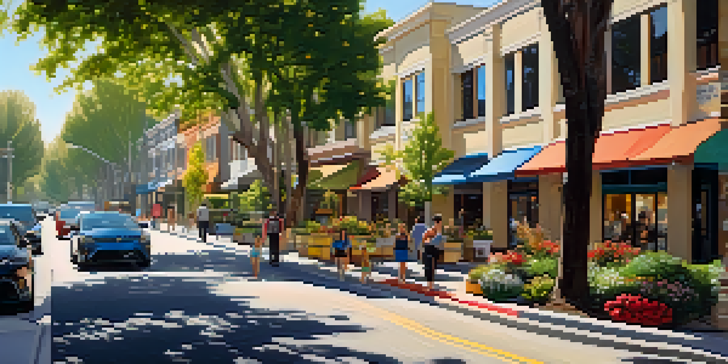 A lively Sacramento street scene with modern apartments, greenery, and residents enjoying local shops.