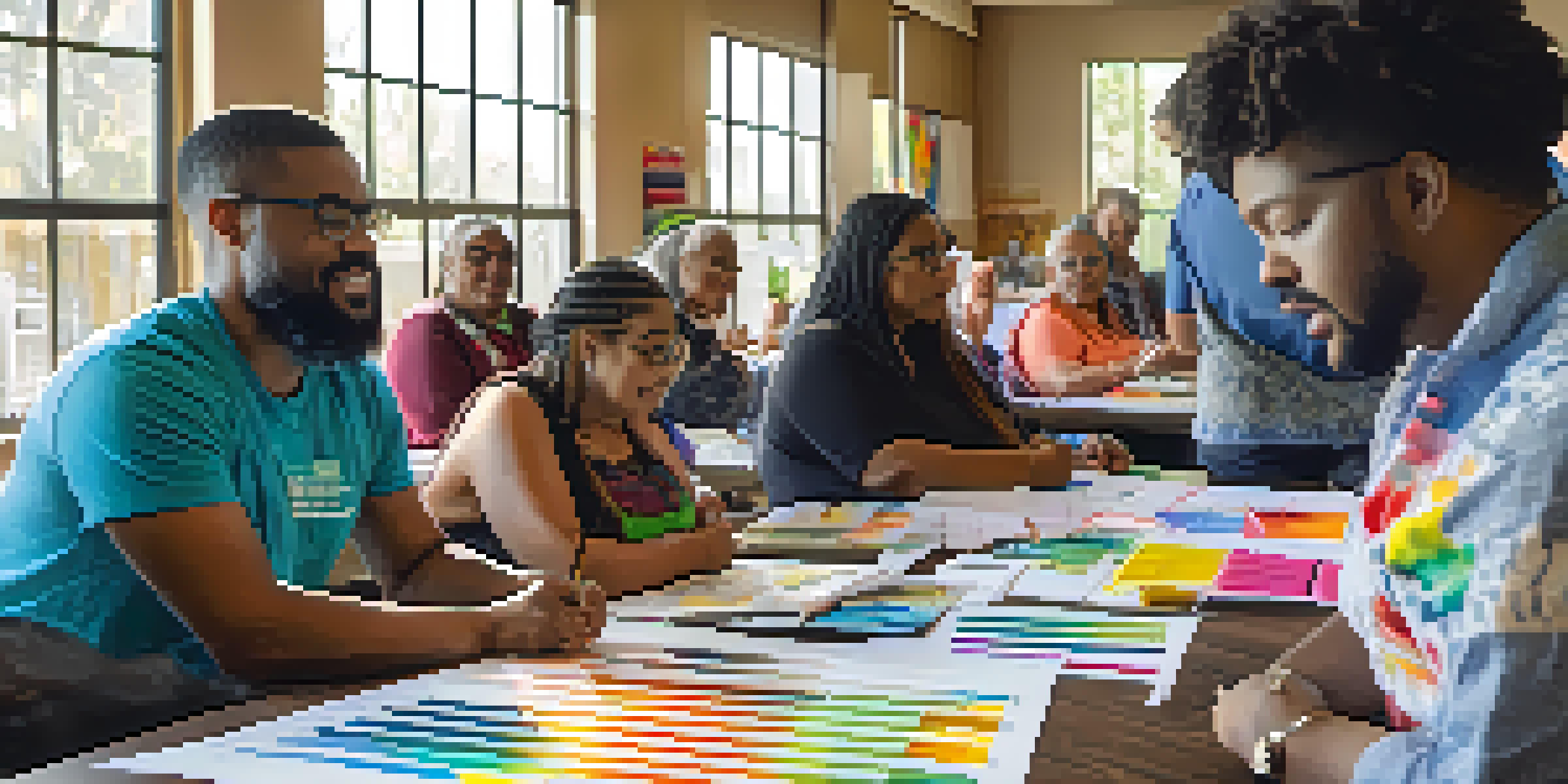 A diverse group of residents participating in a financial literacy workshop, with a local expert and colorful materials in a well-lit room.