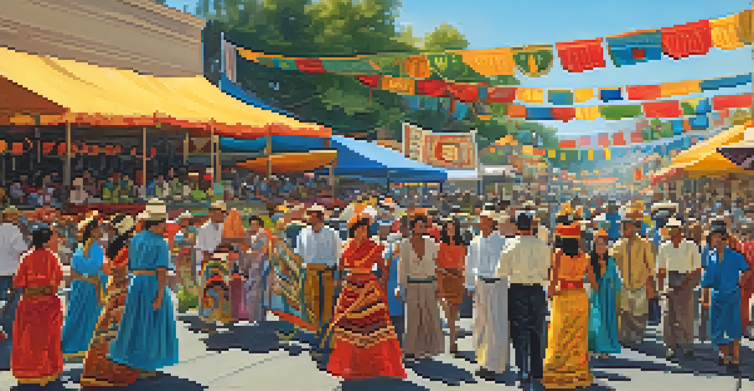 A lively cultural festival in Sacramento with people in traditional attire, colorful decorations, and diverse food stalls, celebrating together in the sun.
