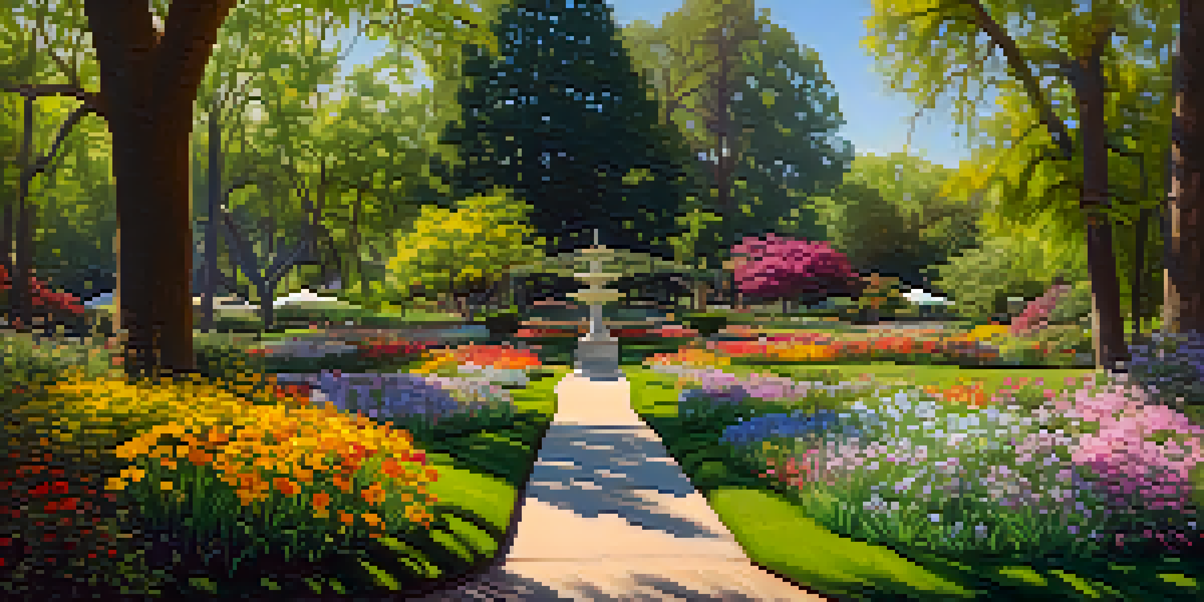 A wide view of a colorful botanic garden in Sacramento during spring, with blooming flowers and families picnicking.