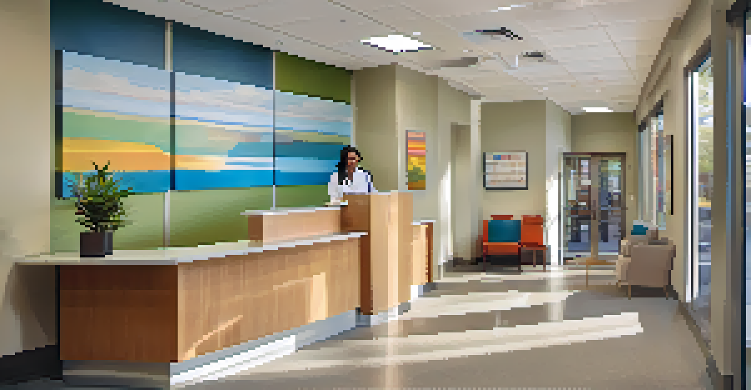 Interior of a modern primary care clinic in Sacramento with a cozy waiting area, colorful artwork, and natural lighting.