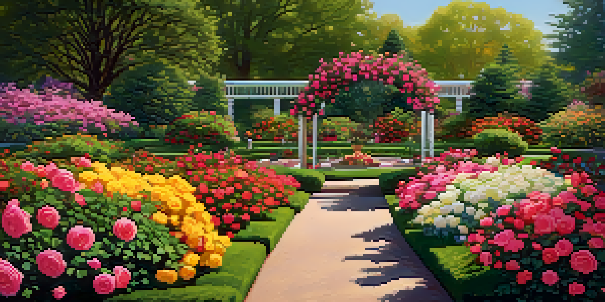A colorful rose garden with numerous blooming rose bushes and visitors enjoying the scenery.