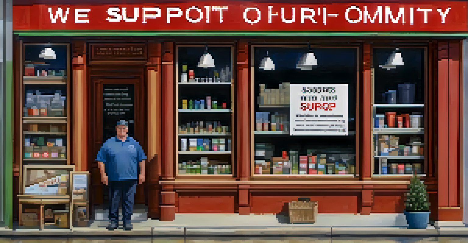 A local business owner standing in front of a shop window with a sign that reads 'We Support Our Community', surrounded by supplies in the store, showcasing pride and commitment.