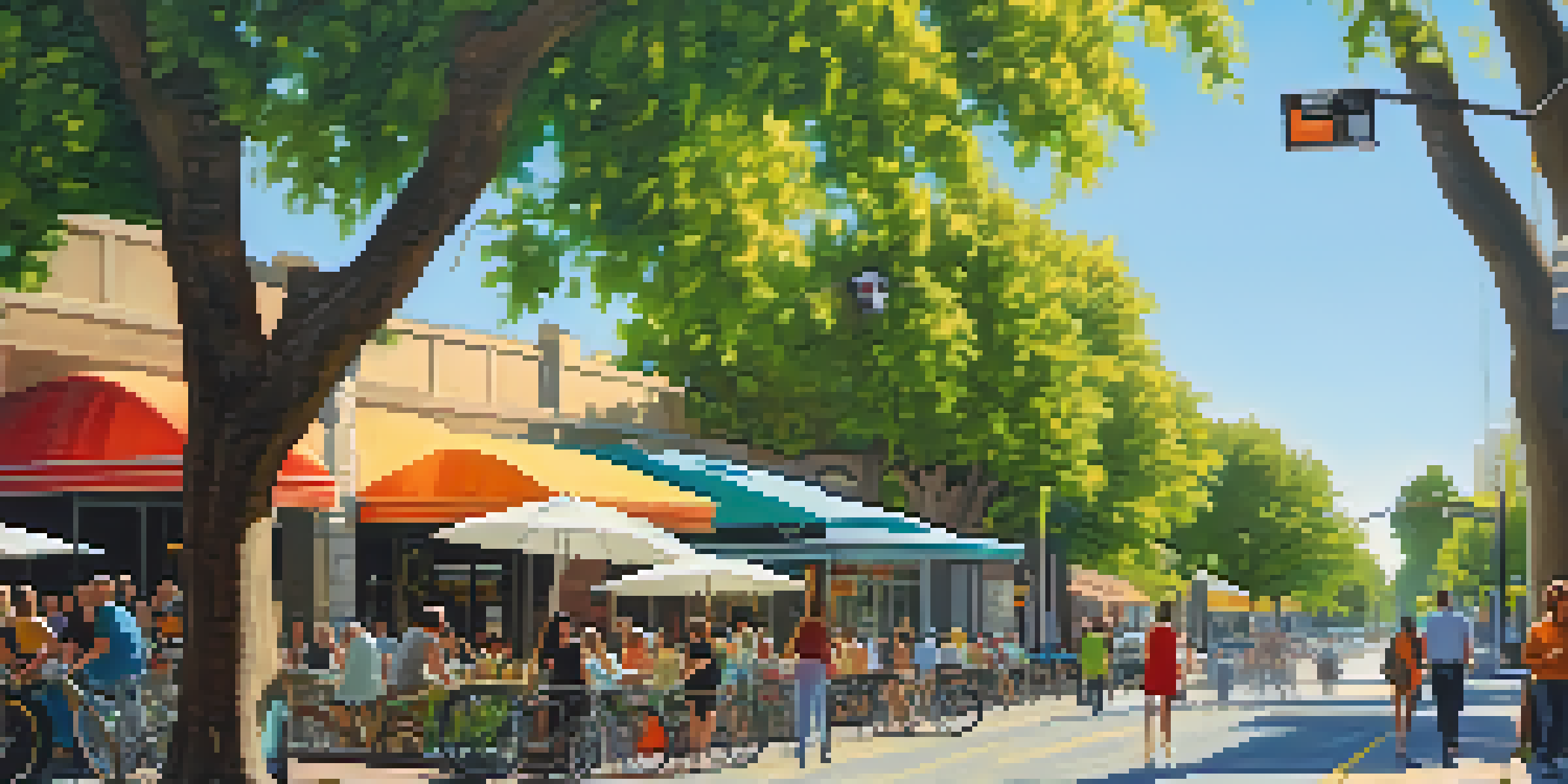 A lively street scene in Sacramento with pedestrians, cyclists, and outdoor cafes under sunny weather.
