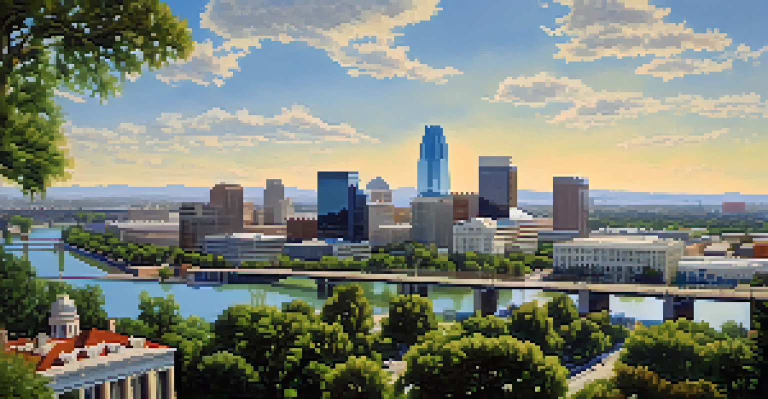 Aerial view of Sacramento displaying green parks and the Sacramento River, with downtown buildings in the background.