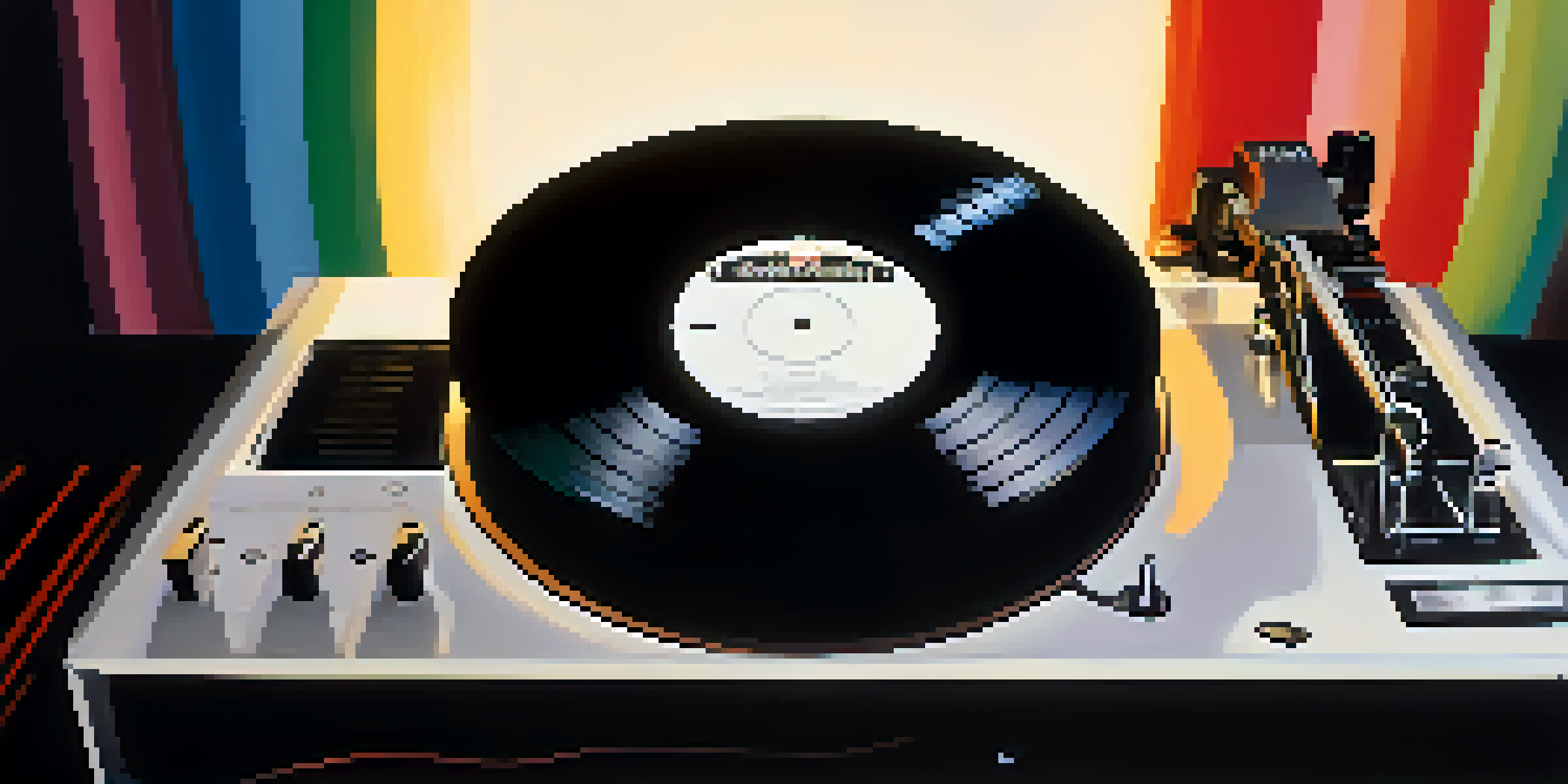 A close-up of a spinning vinyl record on a turntable with musical instruments nearby, evoking a nostalgic atmosphere.