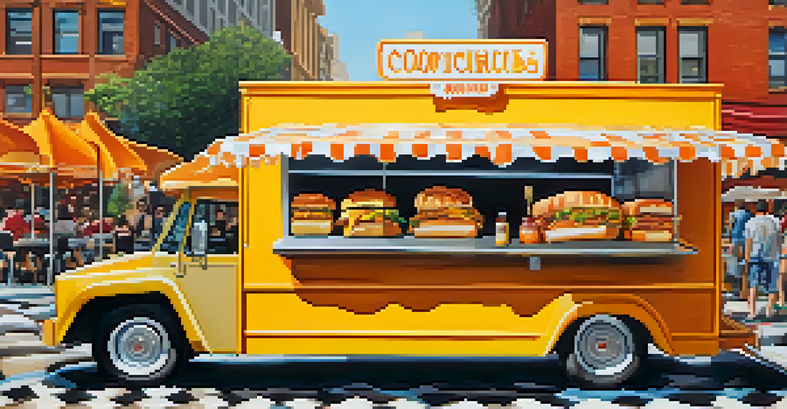 A close-up of a gourmet grilled cheese sandwich and fries at a food truck event, with other trucks in the background.