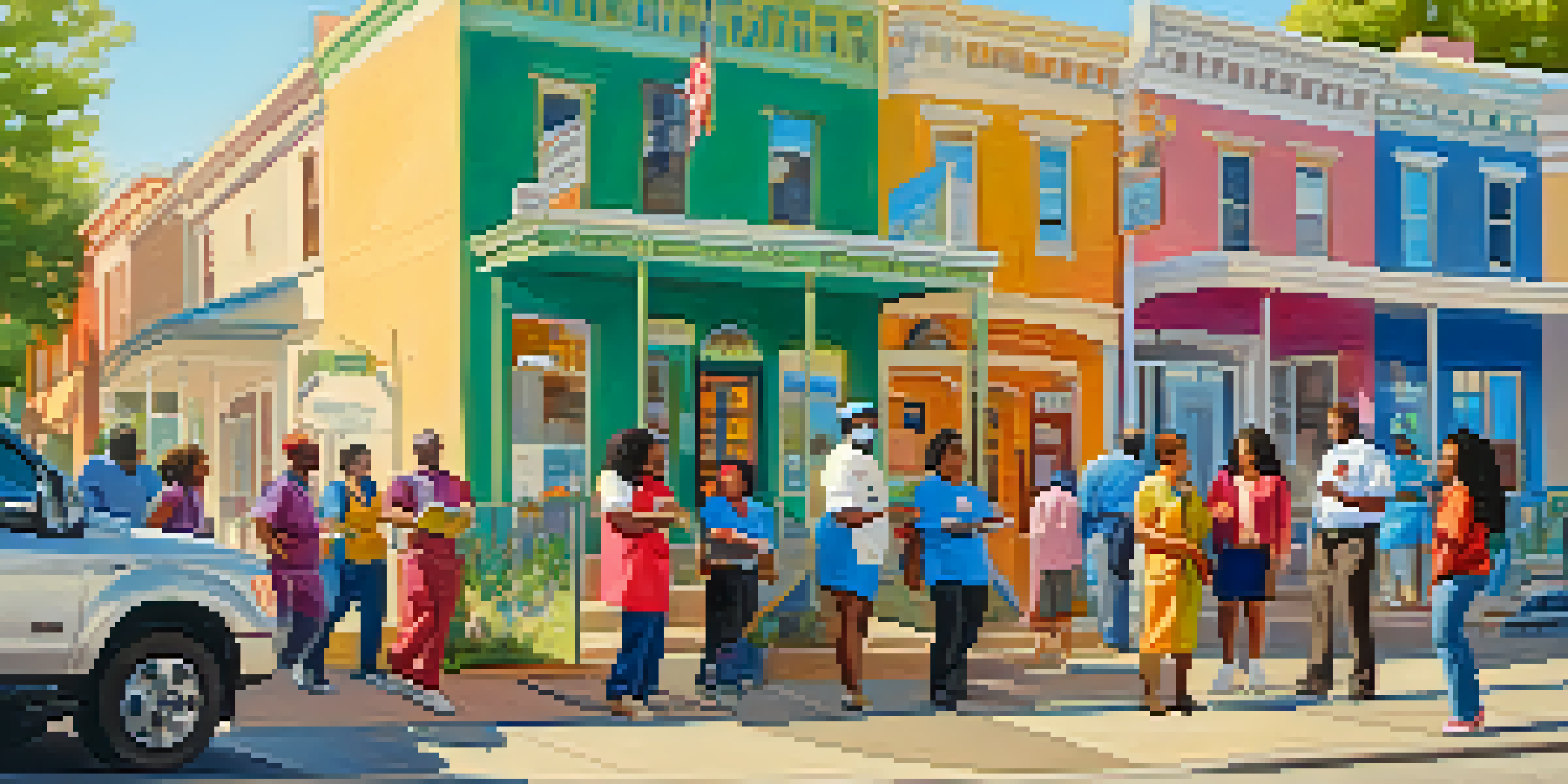 A diverse group of community health workers interacting with families in a sunny Sacramento neighborhood, surrounded by colorful murals.