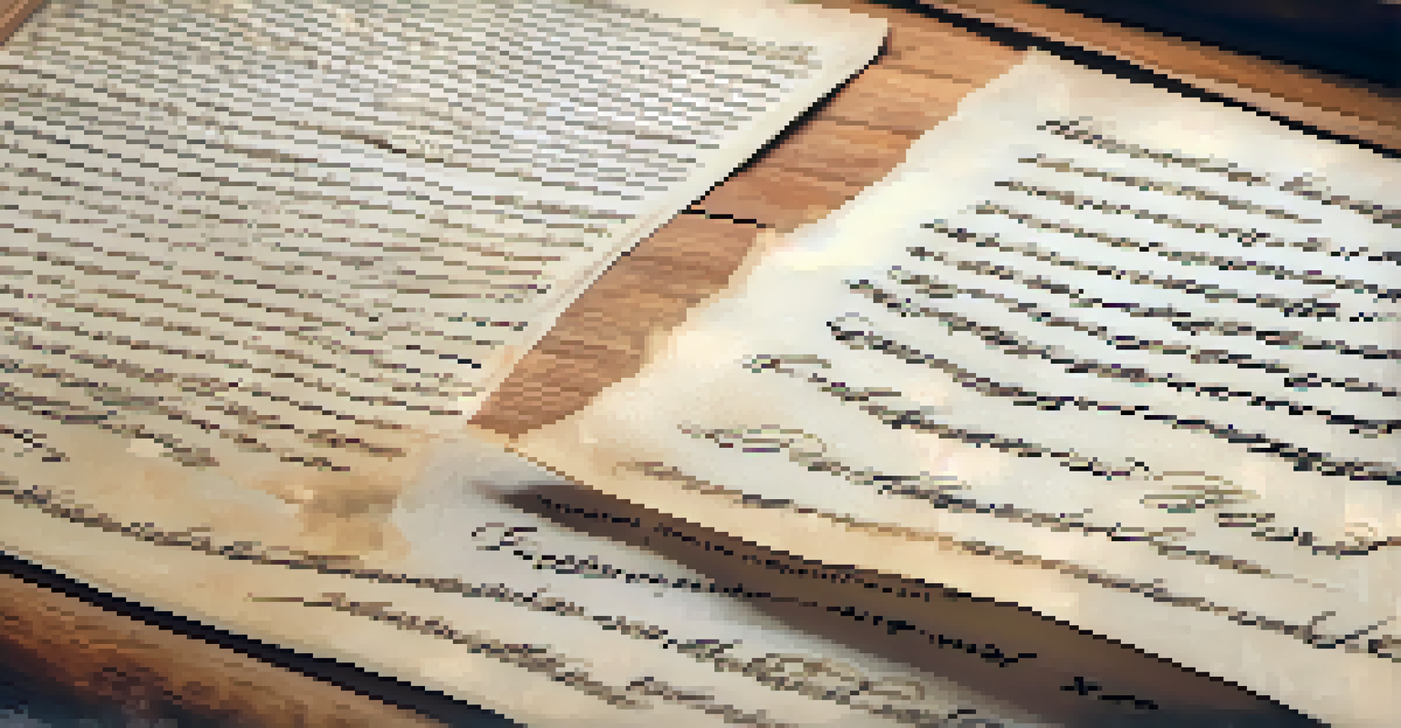 A close-up of a historical document showing intricate calligraphy and aged paper texture on a wooden surface.