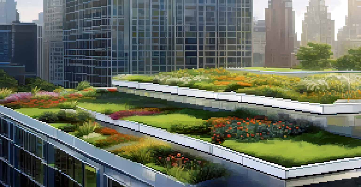 A green roof on a modern building with various plants and flowers, showing an eco-friendly approach to urban living.