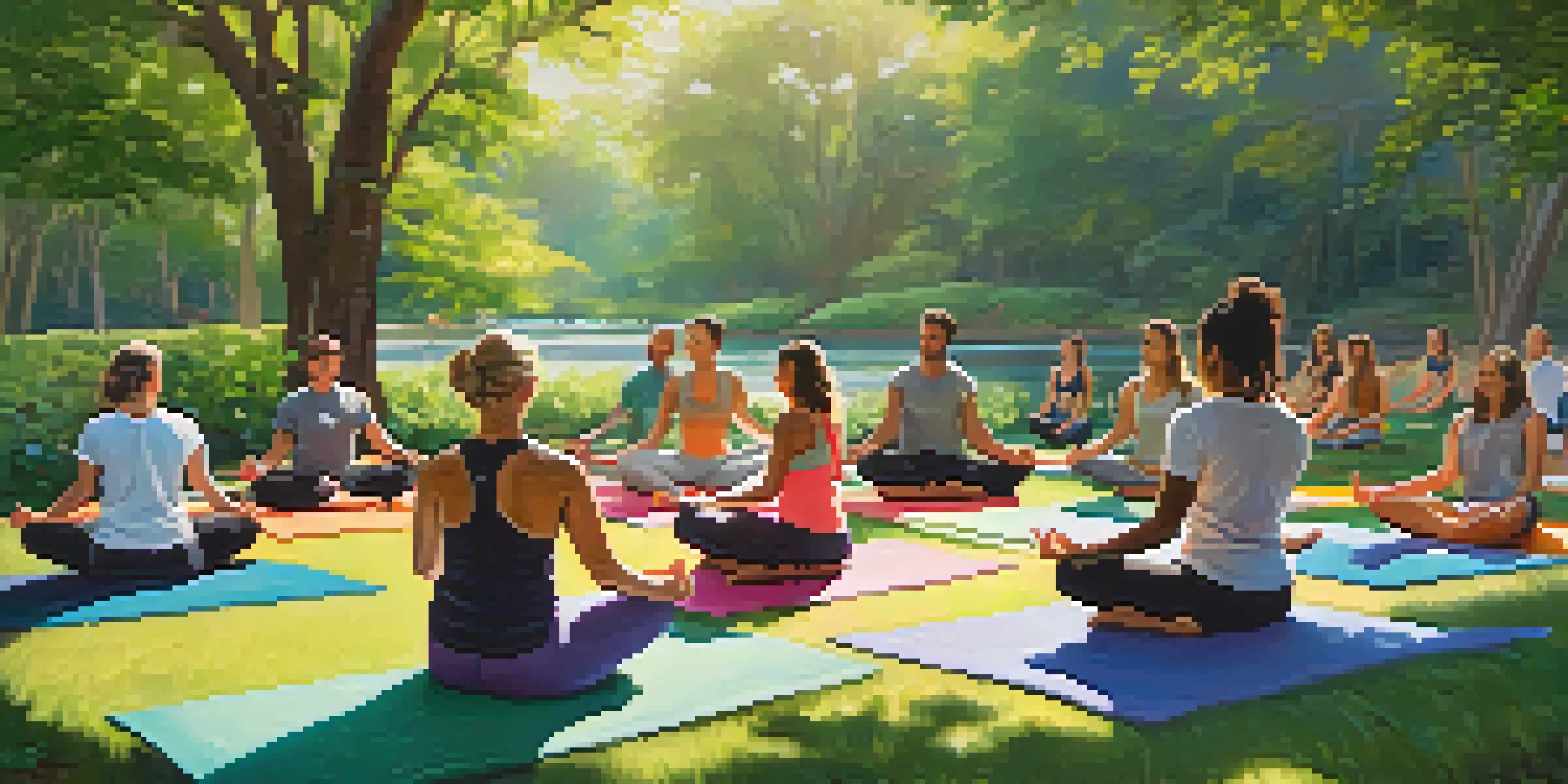 A diverse group of individuals practicing yoga outdoors in a park with lush greenery and sunlight.