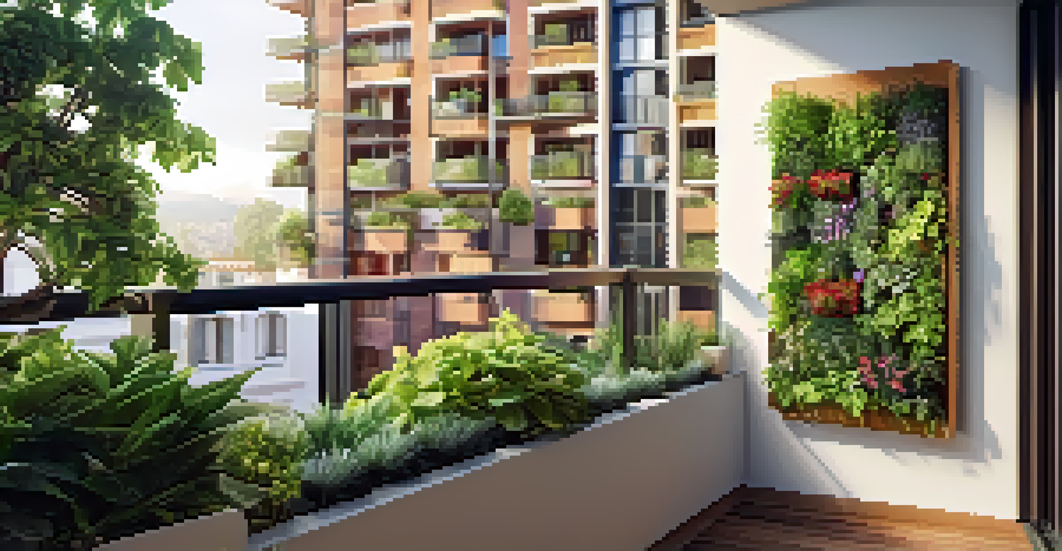 A close-up of a vertical garden on a balcony, filled with herbs and flowers in wall-mounted planters, illuminated by sunlight.