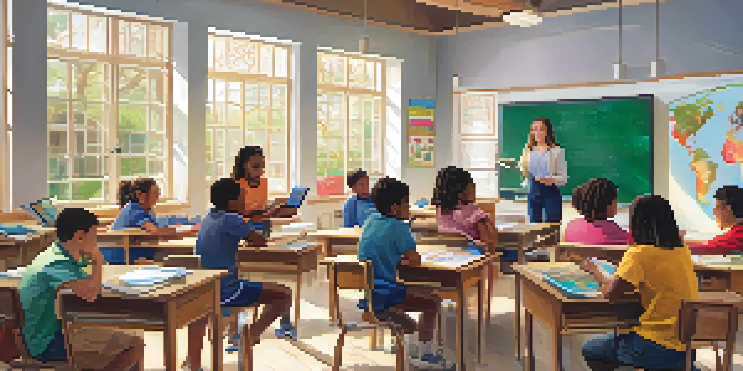 A classroom with diverse students working together with a teacher, using technology and colorful educational materials.