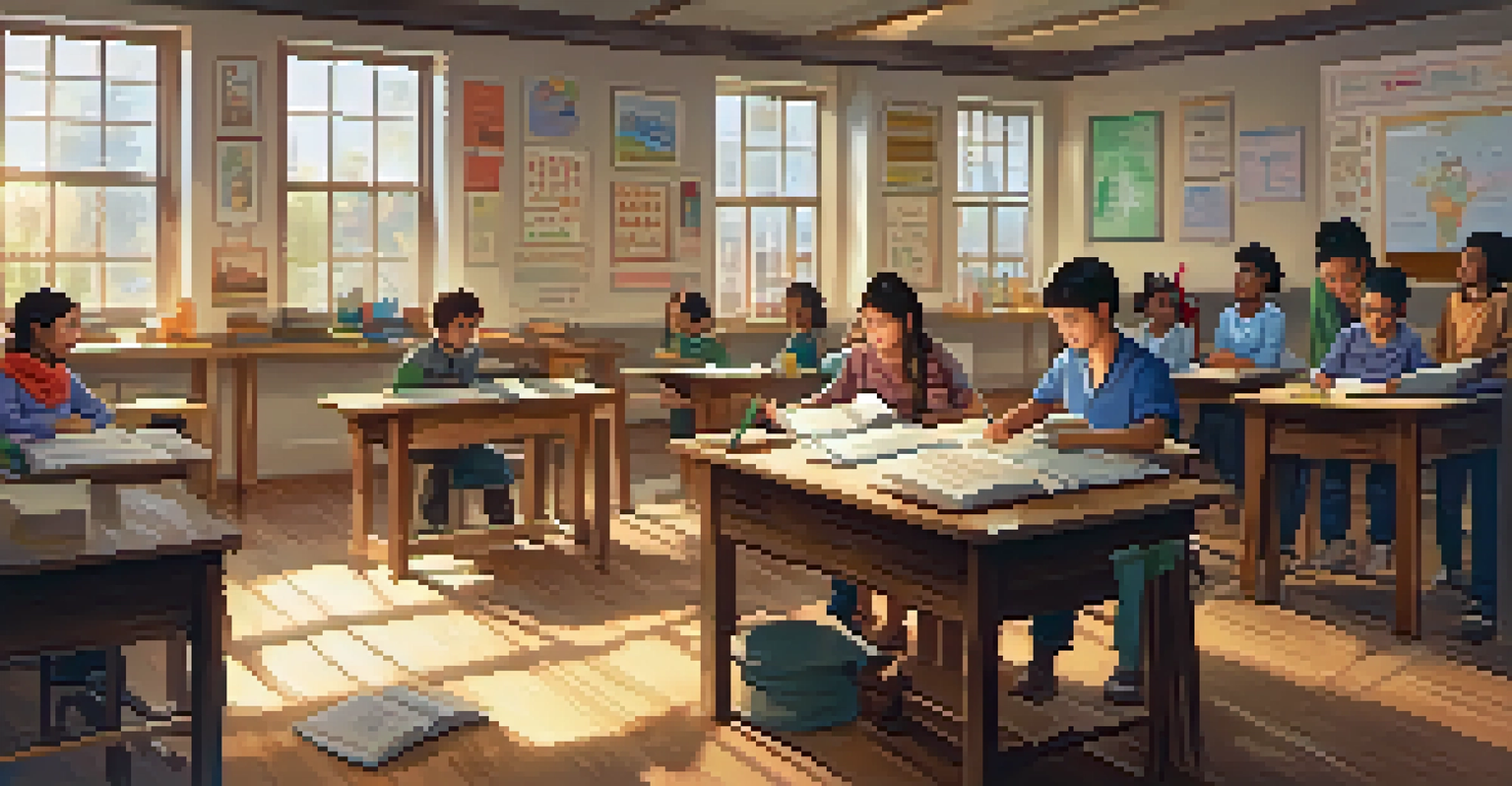 A classroom workshop for parents about academic support, featuring a friendly instructor and parents engaged in learning with educational materials around.