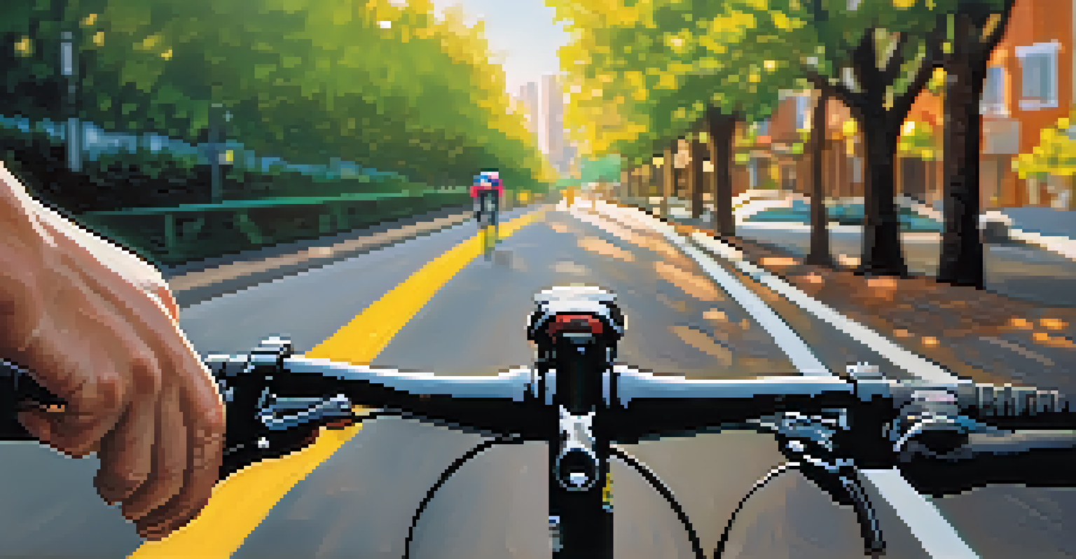 Close-up of a cyclist's hands on bike handlebars with a 'Bike Lane' sign and sunlight filtering through the leaves.