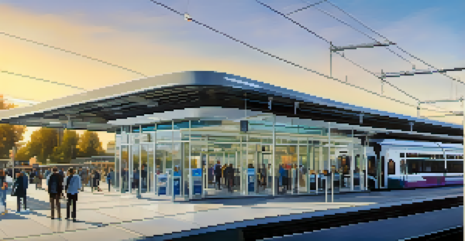 A modern light rail station in Sacramento with commuters waiting and a sleek architectural design.