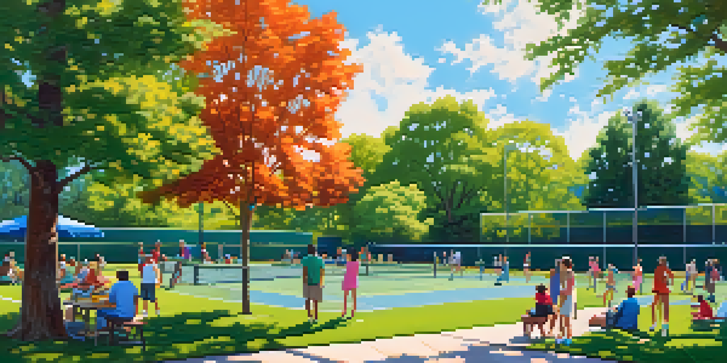 A lively scene in McKinley Park with tennis courts, players, green trees, and families having picnics.