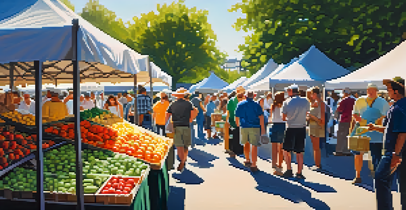 A vibrant farmers' market in Sacramento with vendors selling fresh produce and consumers interacting.