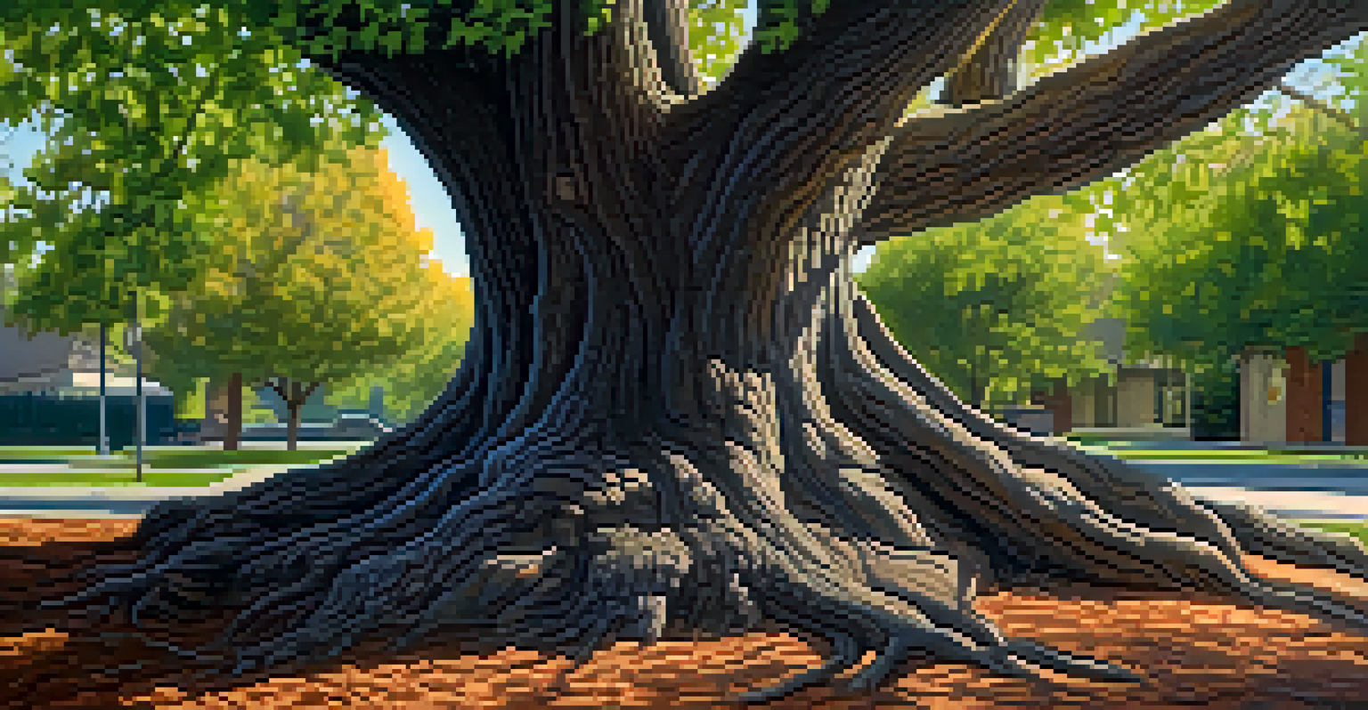 Close-up of a mature tree in Sacramento, showcasing the intricate bark textures and vibrant green leaves with sunlight creating a dappled light effect.