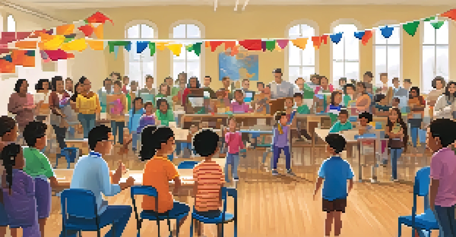 Parents attending a workshop in a school auditorium, learning about educational resources with children playing in the background.