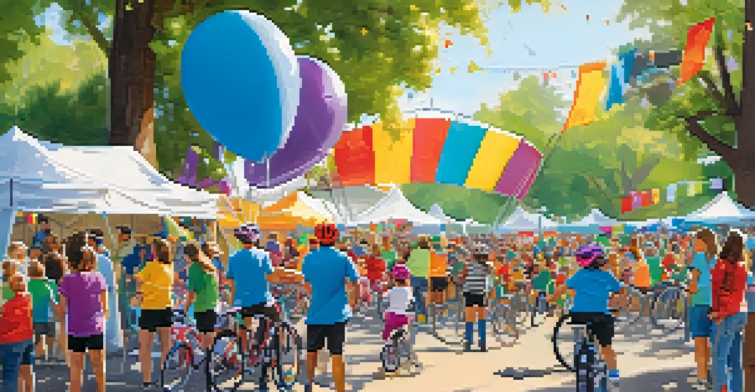 A community cycling event in Sacramento with families, colorful banners, and volunteers sharing cycling safety tips, creating a festive atmosphere.