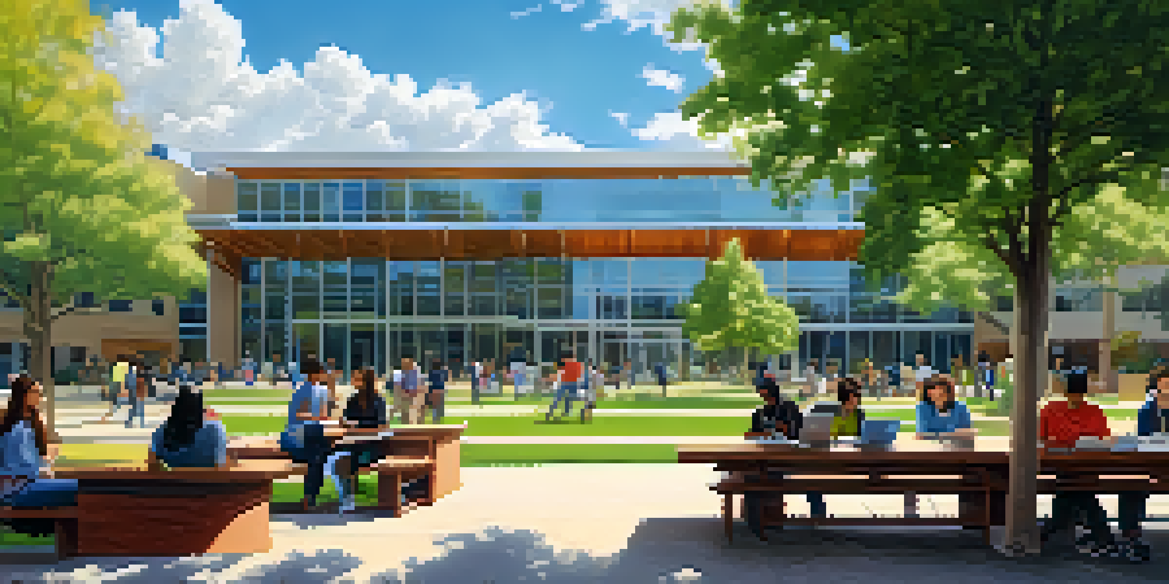 A diverse group of students collaborating on projects outdoors at a university campus, with modern architecture and greenery in the background.
