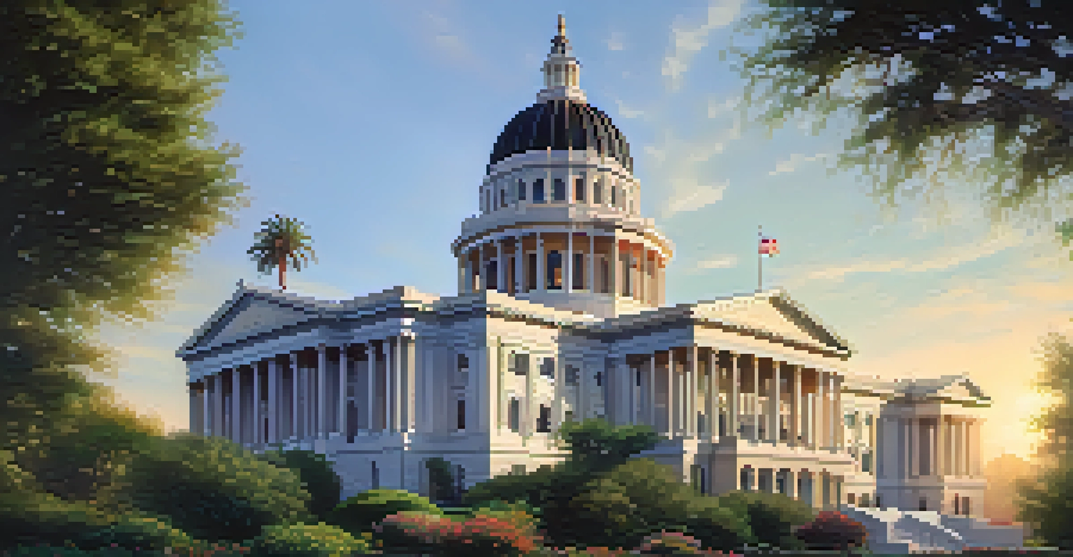 The dome of the California State Capitol building surrounded by green gardens, illuminated by soft sunlight during the golden hour.