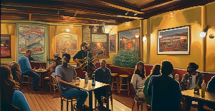 An intimate indie music venue in Sacramento with a local band on stage and an engaged audience under warm lighting.