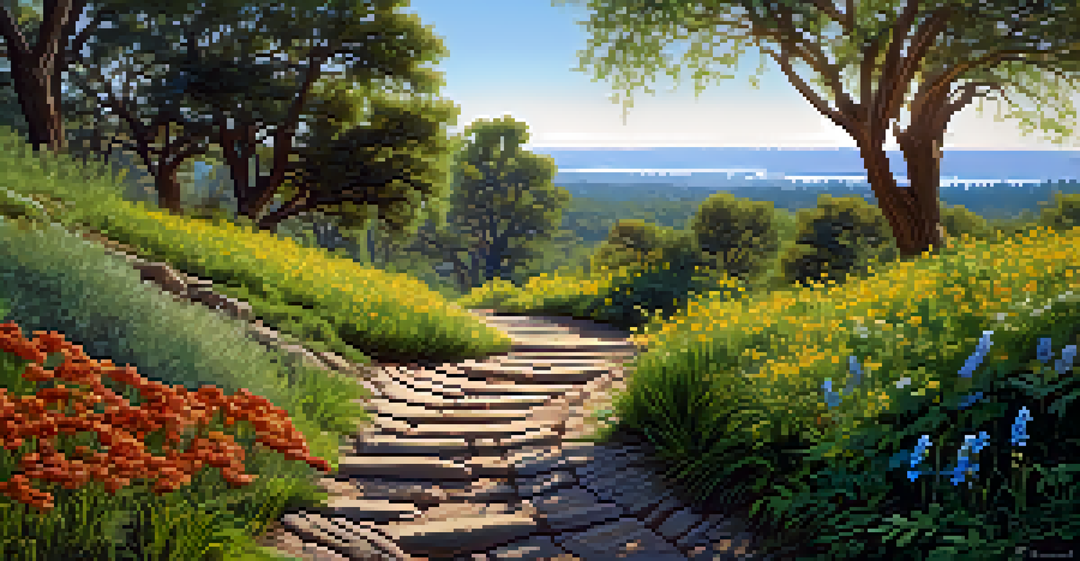 An artistic depiction of a Native American trail in Sacramento with a winding path through greenery and traditional elements.