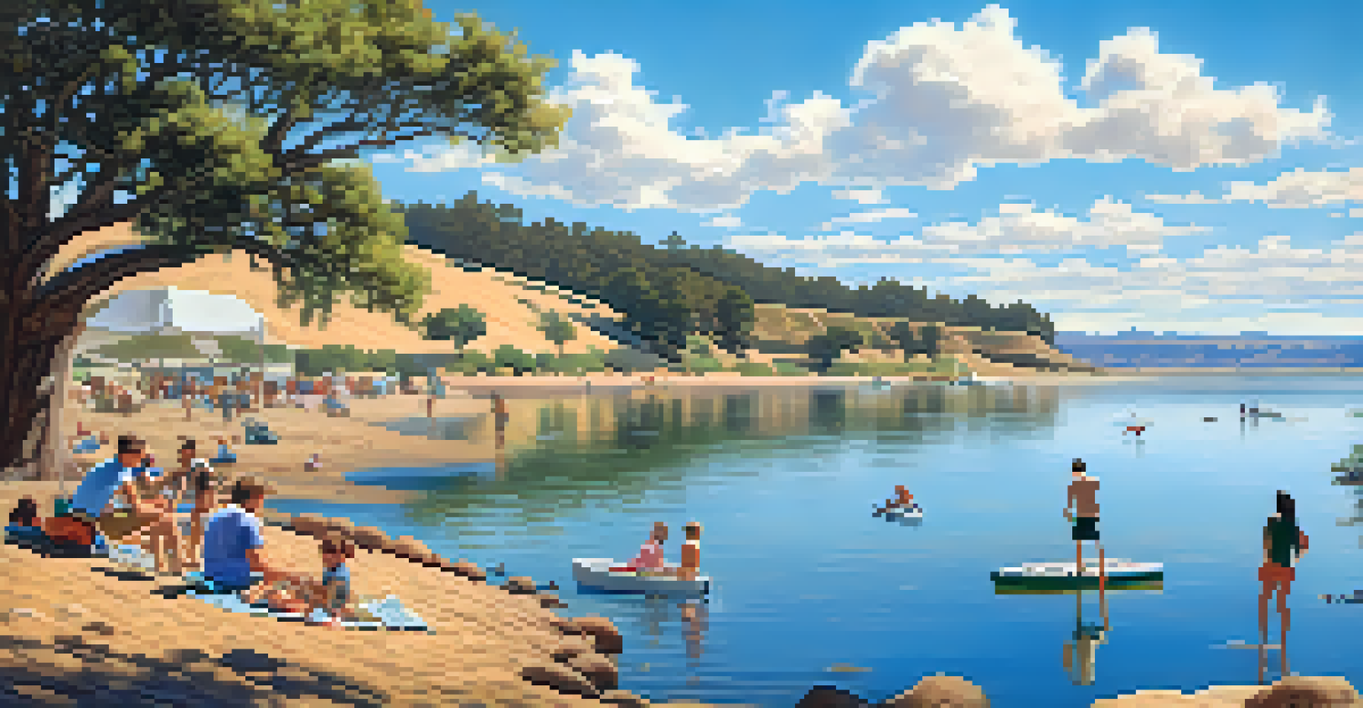 A lively day at Folsom Lake, with families swimming, boating, and picnicking against a backdrop of rolling hills and blue skies.