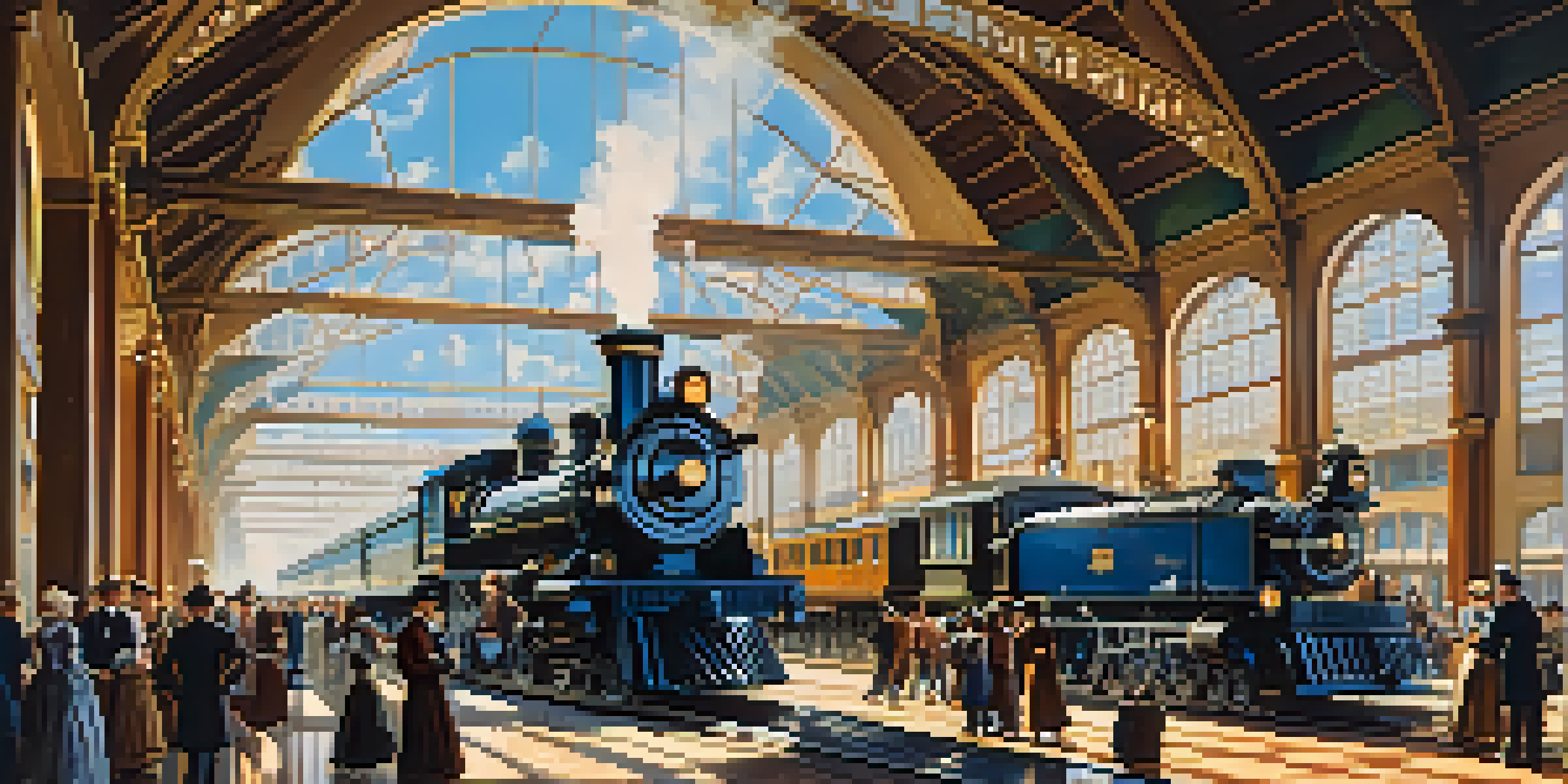 A historical scene of a busy train station in Sacramento from the 1800s, featuring steam locomotives and passengers in period attire.