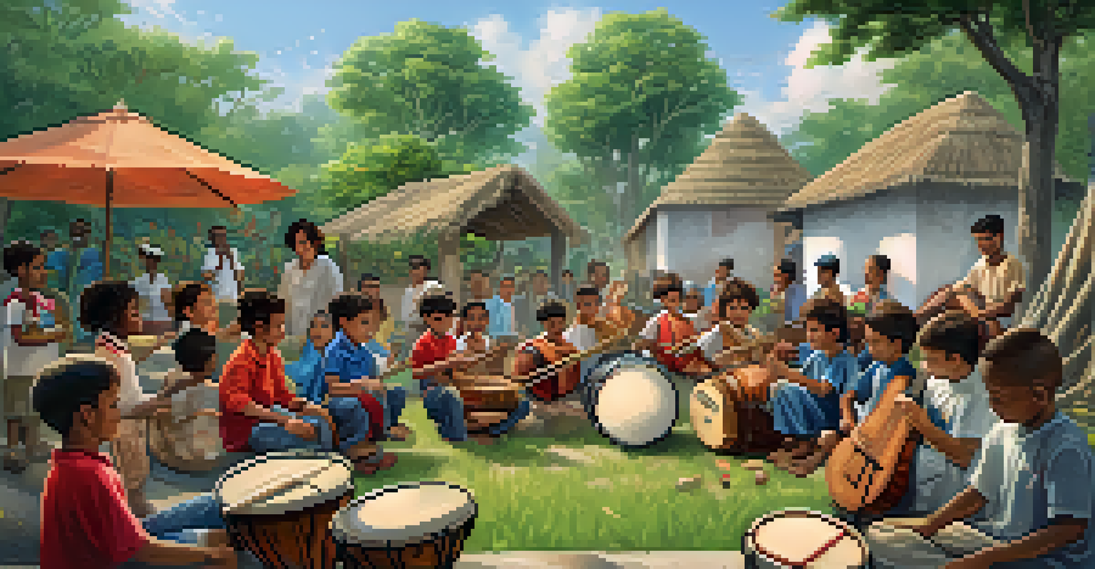 Children participating in a music workshop outdoors, exploring different musical instruments from various cultures.
