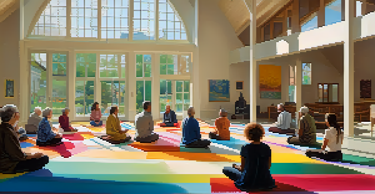The interior of Unity Church during a meditation session, filled with colorful artwork and natural light, creating a welcoming atmosphere.