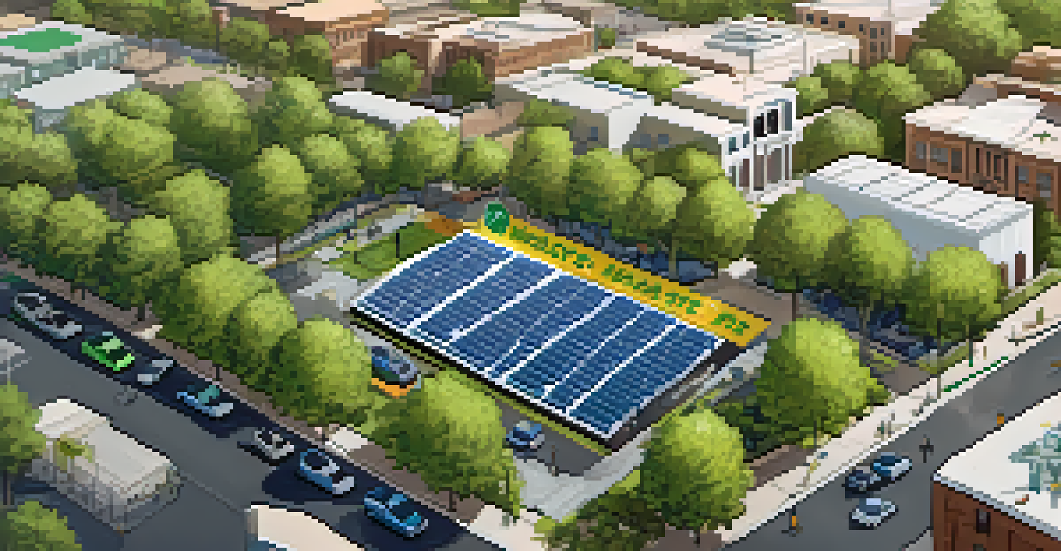 Aerial view of Sacramento showing smart waste bins and green parks, with citizens participating in recycling.