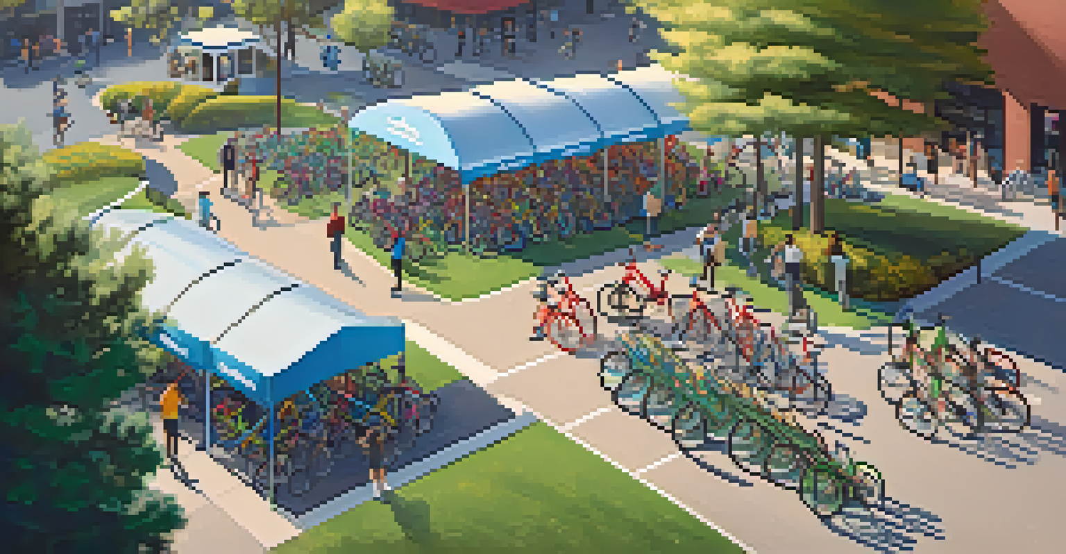 Aerial view of a bike-sharing station in Sacramento with colorful bicycles and people participating in a biking event.