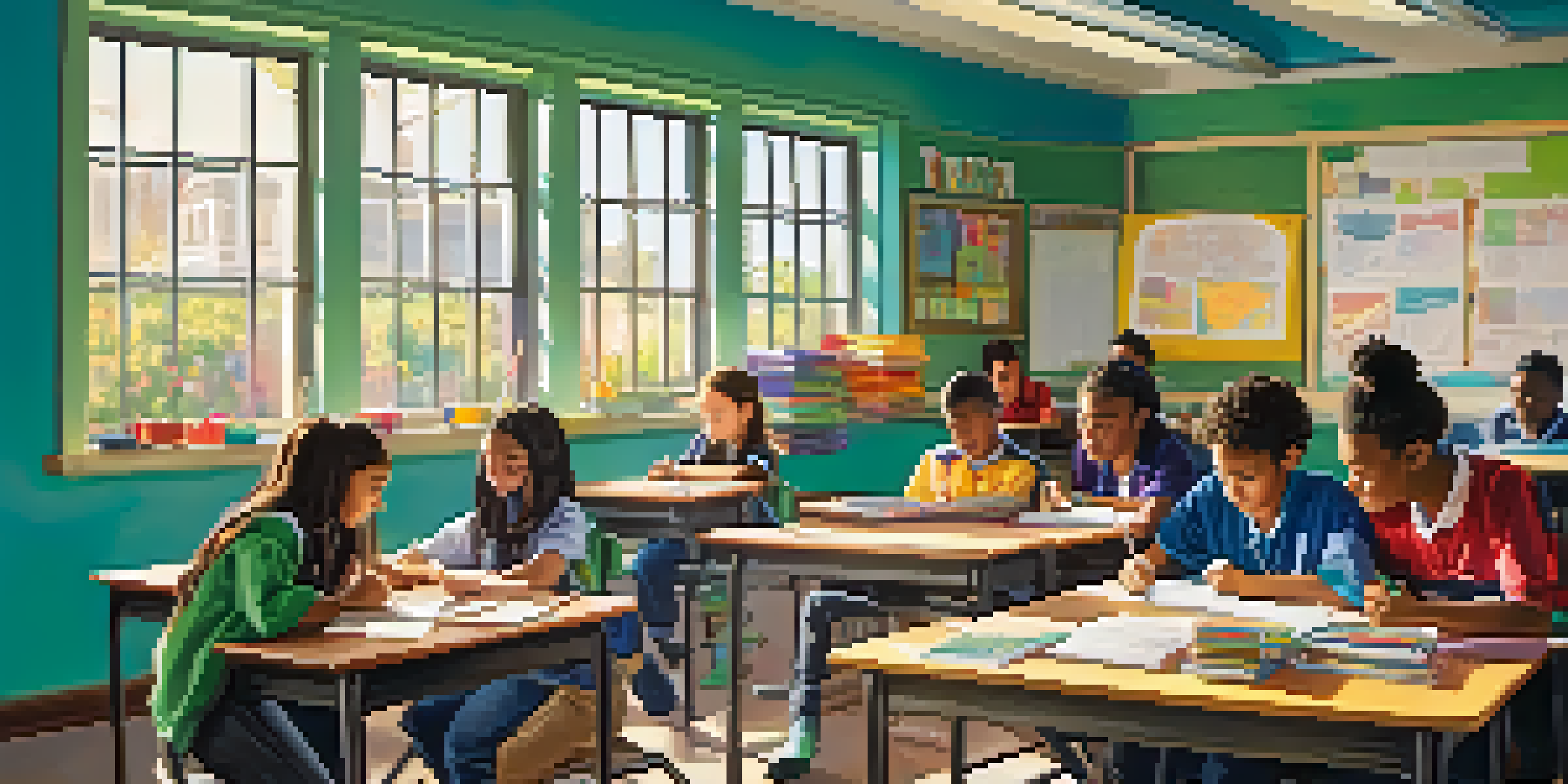 A classroom with diverse students working on a project together, surrounded by colorful educational materials and sunlight coming through windows.
