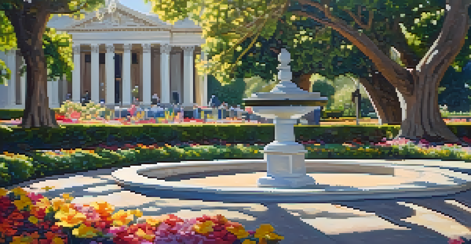 Sculptures in the California State Capitol Gardens surrounded by colorful blooming flowers and sunlight.