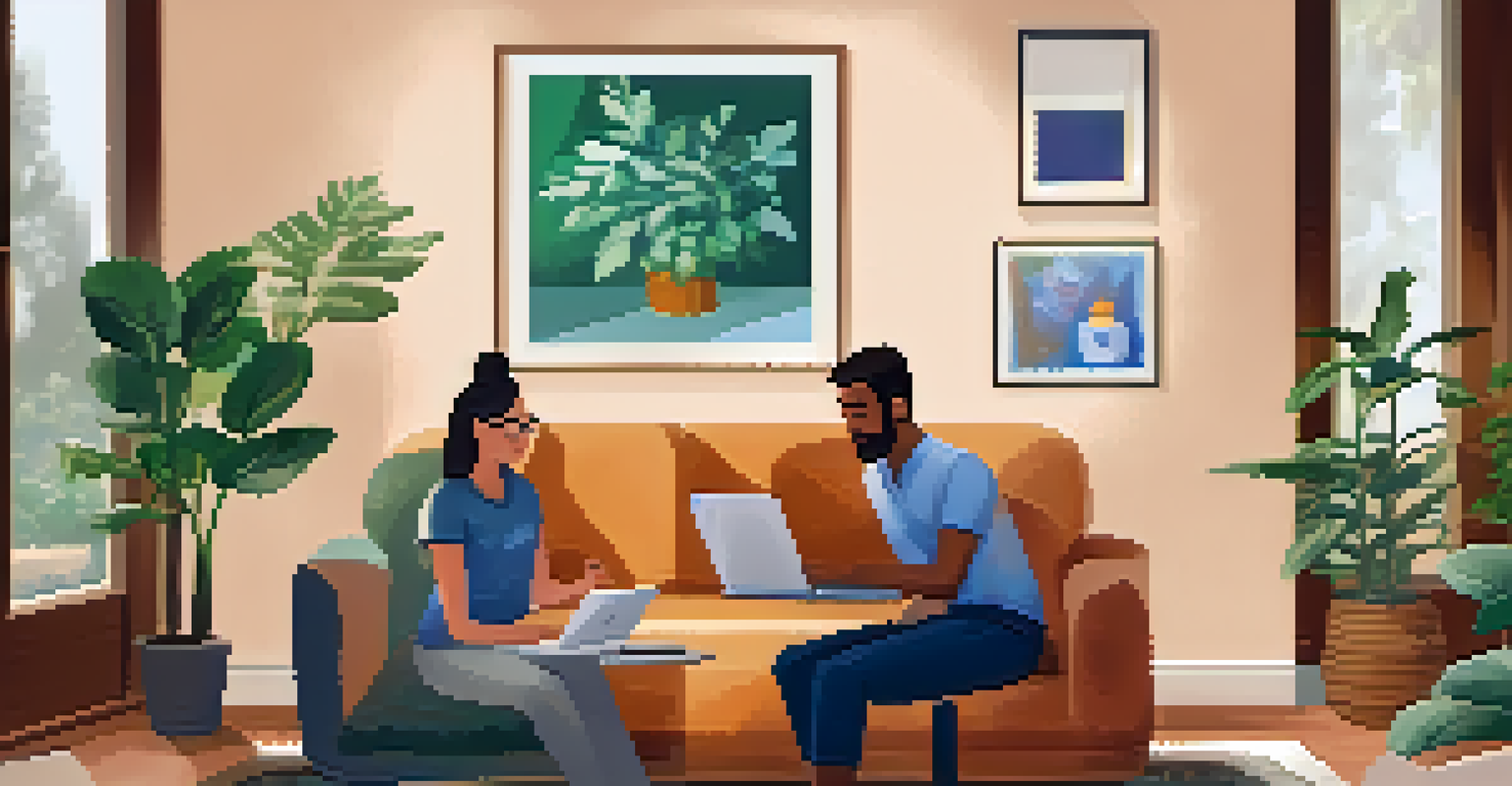 A person in a cozy living room having a telehealth consultation on a laptop, with a friendly healthcare provider on the screen.