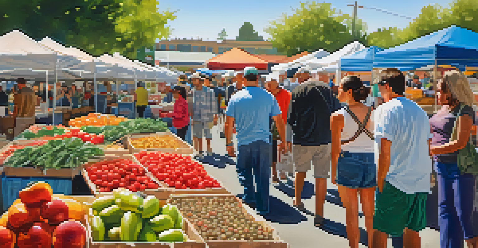 A bustling farmers market with colorful stalls and diverse vendors interacting with visitors.