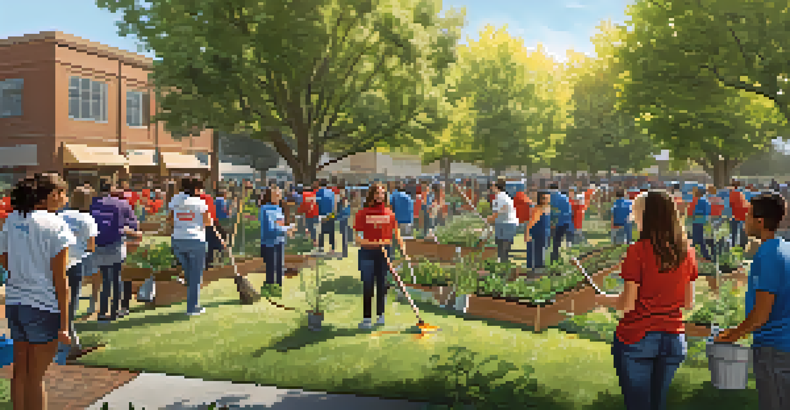 Students engaging in a community service event, planting trees and cleaning up in a neighborhood, with a vibrant atmosphere.